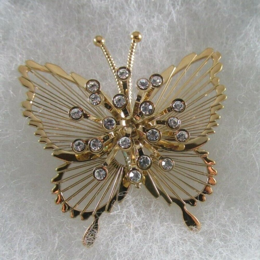 Signed Monet Butterfly Spinneret Crystal Brooch